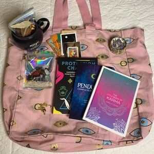 Evil Eye Pink Witchy Mystery Book Bag Tote Bundle, 3 bks, crystals, mug, spooky